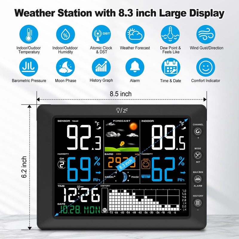 Urageuxy Wireless Weather Station with Indoor Outdoor Thermometer, Atomic Clock,