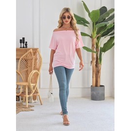 Mcnlyce Women's Off The Shoulder Shirts Short Dolman Sleeve Casual Batwing Tops for Women Trendy Summer Fashion 2025 Going Out Pink XL