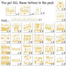 92 Hen Party Tattoos, Bridal Temporary Transfer Hen Do Accessories | Gold Metallic Tattoo for Wedding Night & Bachelorette Party | Bride Tribe Team Bride Bridal Party Flash Stickers - 7 Sheets