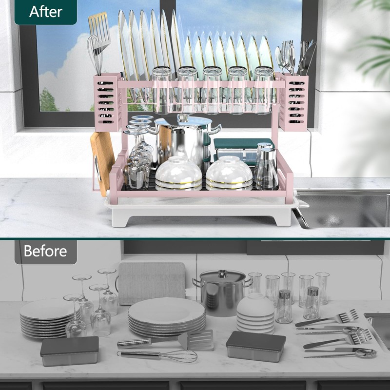 B-Land Dish Drying Rack, 2 Tier Dish Racks for Kitchen
