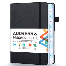 Address Book, Address and Password Keeper Book with Alphabetical Tabs, Hardcover Telephone Book Address Organizer Record with Pocket, Colored Pages, 5.3" x 7.7", Black