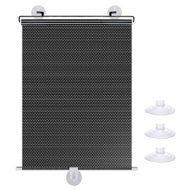 No Drilling Retractable Roller Window Shades W/3 Suction Cups, Black Blackout Blind Shade Temporary Cover Curtain for Home Bedroom Car (,49.21" L×17.71" W,Black dot)