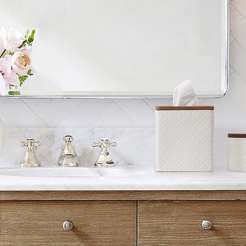Motifeur Bathroom Accessories - Ceramic Tissue Holder with Wooden Lid,