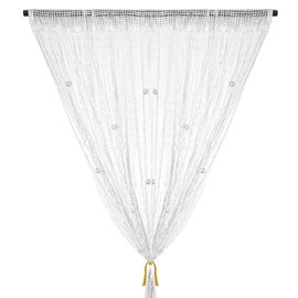 String Curtain Panel, Glitter Door Wall Window Doorways Panel Fly Screen Fringe Room Divider Blinds, Decorative Tassel Ribbon Strip Silver Screen for Living room, Bedroom, Party Event-Bead-White