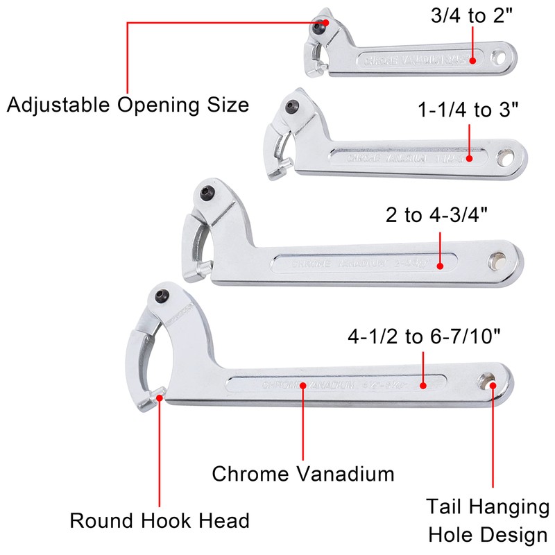 Wadoy Adjustable C Pin Spanner Hook Wrench for Hydraulic Ram