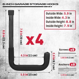 SEDY Heavy Duty Garage Storage Hook: 4-Piece 6" Wall Mount J Utility Hooks Holds 88 LB, Large Metal Garage Storage Ladders Hook, Utility Hooks for Bikes, Garden Tools