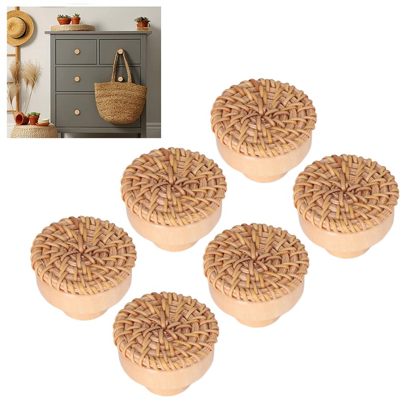 6pcs Round Drawer Knobs Wood Rattan Woven Handmade Drawer Pulls