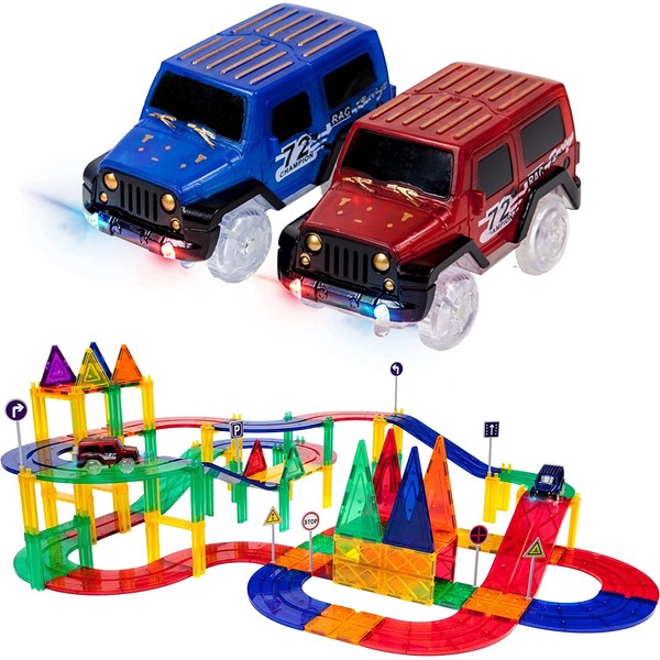 PicassoTiles 80 Piece Race Car Track Building Block Educational Toy Set Magnetic Tiles Magnet DIY Playset 2 Light Up Car STEM Learning Construction Kit Hand-Eye Coordination Fine Motor Skill Training