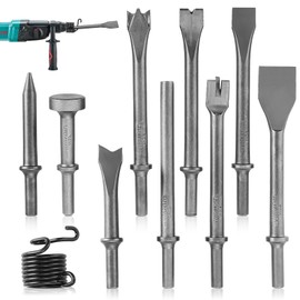 NATGAI 10PCS Air Hammer Chisel Set, Heavy Duty Pneumatic Chisels with 0.401" Shank, Carbon Steel Air Hammer Bits for Tile, Masonry, Concrete, Brick, Rust Removal, Rivet & Automotive Work, with Spring