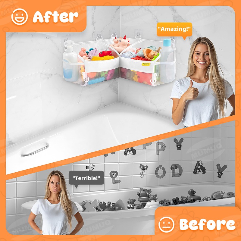 3 Compartments Bath Toy Storage Corner Bath Toy Holder for