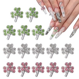 15Pcs Clover Nail Charms Alloy Silver St.Patrick's Day Nail Charms for Acrylic Nails Green Shamrock Nail Jewelry Nail Gems Rhinestones 3D Shamrock Nail Art for Women Girls Nail Accessories Crafts