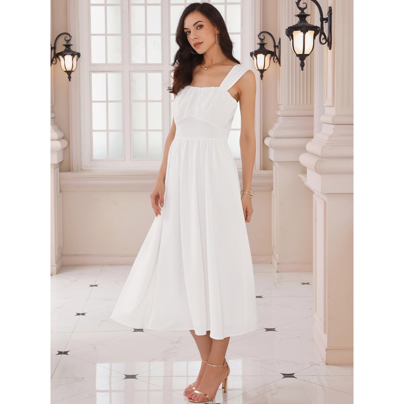 WOMLAYOUT Women's Wedding Guest Dress Ruched Waist Sleeveless Smocked Maxi