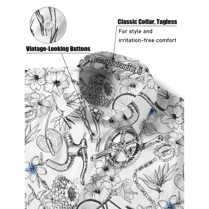 ORIONRIDE Cycling Shirts-Original Plumeria Design,Zipper Pockets,Short Sleeves,Button Down Gravel Shirts