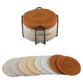ZHIGOU 8-Pack Boho Drink Coasters - Absorbent Coaster Set for Home Decor - Fall Farmhouse Decor - 4.3 Inch - Cotton Woven Minimalist Design - Tabletop Protection - Housewarming Gift