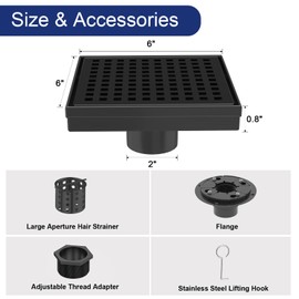 Square Shower Drain | 6 Inch AISI 304 Stainless Steel Shower Drain Kit with ABS Flange, Hair Strainer, Matte Black Shower Floor Drain with Removable Grid Cover, in Bathroom, Kitchen, Balcony etc.
