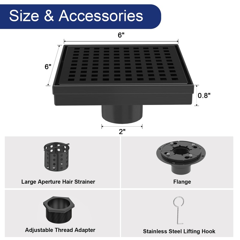 Square Shower Drain | 6 Inch AISI 304 Stainless Steel