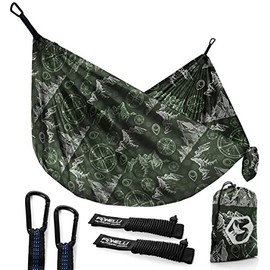 Foxelli Camping Hammock â Lightweight Parachute Nylon Portable Hammock with Tree Ropes and Carabiners, Perfect for Outdoors, Backpacking, Hiking, Camping, Travel, Beach, Backyard & Garden