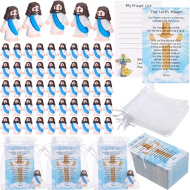 Barydat 150 Set Mini Jesus Easter Figures Little Jesus Toys Bulk Religious Christian Doll with 150 Prayer Cards and 150 Organza Bags for Sunday School Church Mother's Day Baptism Gift(Blue)