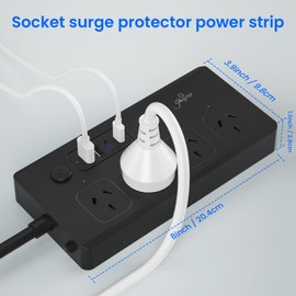 Zauzau Surge Protector Power Board - 4 Widely Outlets(10A/2400W) with 4 USB Ports(2 USB C), Powerboard with 1.5M Extension Cord, 1500J Surge Protection Double Switch, Home Office Accessories (Black)