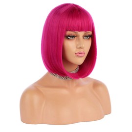 eNilecor Short Bob Hair Wigs 12" Straight with Flat Bangs Synthetic Colorful Cosplay Daily Party Wig for Women Natural As Real Hair+ Free Wig Cap(Hot Pink)