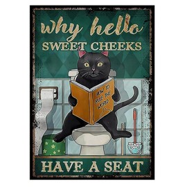 Yimofy Funny Bathroom Sign Why Hello Sweet Cheeks Have a Seat Vintage Cat Tin Signs for Wall Decor 8" x 12" Funny Bathroom Signs Restroom Toilet Decor Metal Wall Plaque Poster
