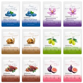 Paquete de 12 mascarillas faciales en láminas para el cuidado de la piel, mascarillas faciales de colágeno con ácido hialurónico, vitamina C y mucina de caracol para hidratar, rejuvenecer y humectar