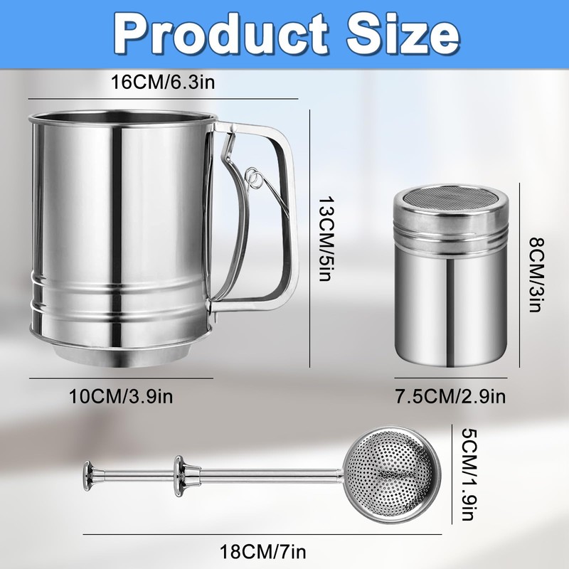Flour Sifter Stainless Steel,3 Cup Flour Sifter for Baking,3 in1
