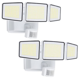 UME Battery Powered Motion Sensor Outdoor Lights 302 LED 1800LM, IP65 Waterproof Battery Operated Flood Lights Outdoor, 3 Heads Security Motion Light with 3 Modes for Garden Patio Yard, 2 Pack (White)