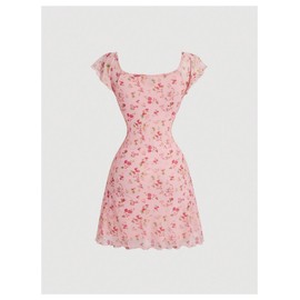 SOLY HUX Women's Vintage Floral Dress Summer Cap Sleeve Mini Dresses Going Out Beach Short Dress Pink Floral Large