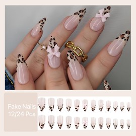 Press on Nails Medium Almond Fake Nails French Tip False Nails with Leopard Print Design Glue on Nails Bow Acrylic Nails Glossy Full Cover Stick on Nails Cute Artificial Nails for Women Manicure 24Pcs