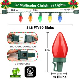 Olixmlya 50 LED C7 Christmas Lights, 31FT C7 LED Christmas String Lights Lights Vintage Christmas String Lights Plug in Waterproof for Indoor Room Outdoor Party Garden Yard Roof Tree Christmas Decor