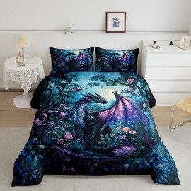 Feelyou Dragon Comforter Set Twin Size Comforter for Boys Girls Teens Wild Life Bedding Set Jungle Dragon Duvet Set Room Decor Balck Blue Quilt Set