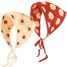 Pack of 2 Floral Triangle Bandana Headband, Boho Headband, Crochet Floral Bandana, Adjustable Women's Headdress, Summer, Suitable for Women and Girls (Orange and Cream White, 01)