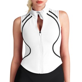 colorskin Sleeveless Jacket Zip up Workout top Workout Tops for Women Zip up Tank top Running Vest for Women White XL