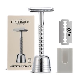 Maquinilla de afeitar de seguridad de doble filo con soporte y funda para hombres Maquinilla de afeitar de seguridad de una sola hoja con mango cromado 10 hojas Maquinilla de afeitar de seguridad reut