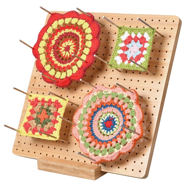 MPEIPILA Crochet Lock Board, Granny Board 29cm, Wooden Crochet Block Board with Base, Locking Plank for Knitting and Crochet with 20 Steel Needles