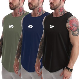 Tank Tops Men's 3 Pack Muscle Shirts Sleeveless Dry Fit Gym Workout Tank Top Mesh Material Quick Dry Athletic Running (US, Alpha, Large, Regular, Regular, Black+Navy Blue+Army Green)