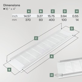 Vent Systems 15.75 x 3.94 (Outer Size) Rectangular Door Vent - White Aluminum Vent Cover Toe Kick Vent Cover - HVAC for Home Cabinet Vent - Intake/Exhaust Door Return Air Vent