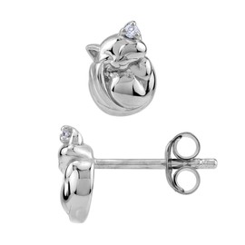 Silvershake Petite Cubic Zirconia White Gold Plated 925 Sterling Silver Minimalist Chic Cat Pet Stud Post Earrings April Gemstone Birthstone Jewelry for Women, Sterling Silver Rhodium (White Gold