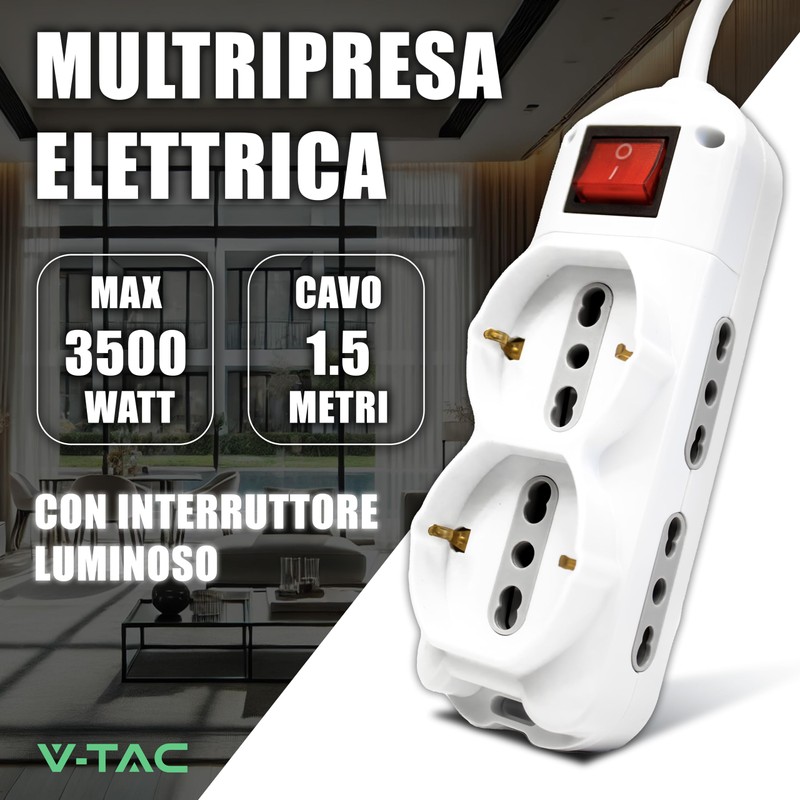 V-TAC 6 Gang Electric Multi Socket with Switch and 1.5m
