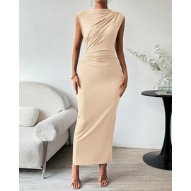 BTFBM Women's Ruched Bodycon Dress Summer Casual Sleeveless Back Slit Elegant Club Evening Party Cocktail Maxi Dresses(Beige, Small)