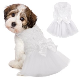 IDOMIK Dog Wedding Dress Puppy Bowknot Princess Skirt, Pet Bride Pure White Lace Tutu Formal Dress Flower Bubble Skirt Tulle Ruffle Sundress Vest Shirts, Birthday Party Costume for Small Dog Apparel