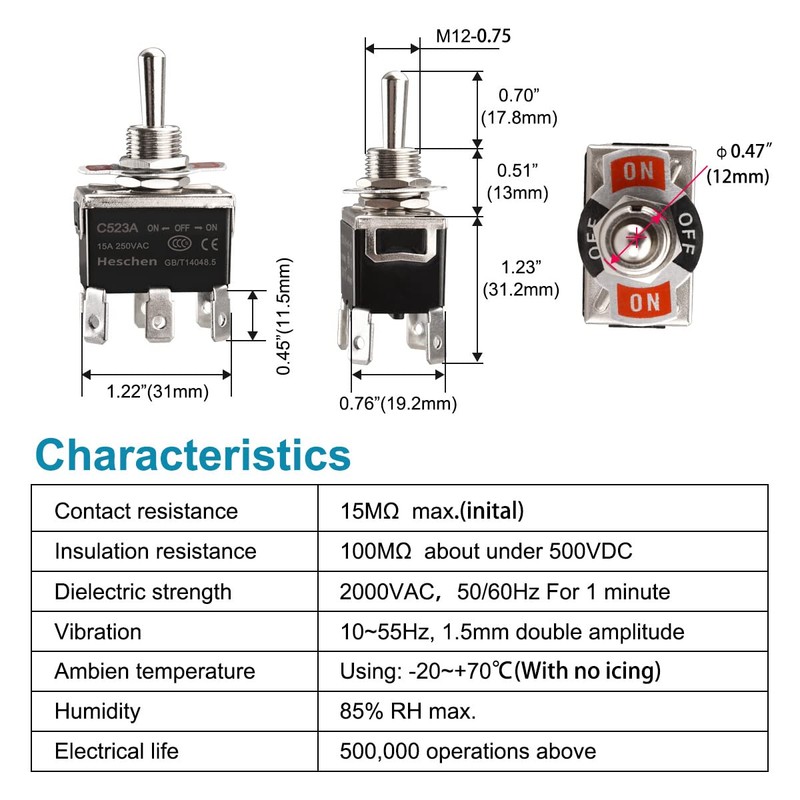 Heschen Metal Toggle Switch, C523A, DPDT, Maintained, ON/Off/ON 3 Position,