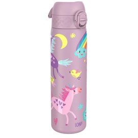 Ion8 Steel Water Bottle, 600 ml/20 oz, Leak Proof, Easy to Open, Secure Lock, Dishwasher Safe, Flip Cover, Fits Cup Holders, Carry Handle, Durable, Metal Water Bottle, Raised Print, Unicorns Design