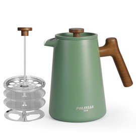 POLIVIAR French Press Coffee Maker, 34 oz Coffee Press with Real Wood Handle, Double Wall Insulation & Dual-Filter Screen, Food Grade Stainless Steel for Good Coffe and Tea, JX2025-XFPN