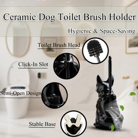 2025 Ceramic Dog Toilet Brush Holder Set, French Bulldog Design with 2PCS Durable Plastic Brush, Modern Bathroom Accessories (Black)