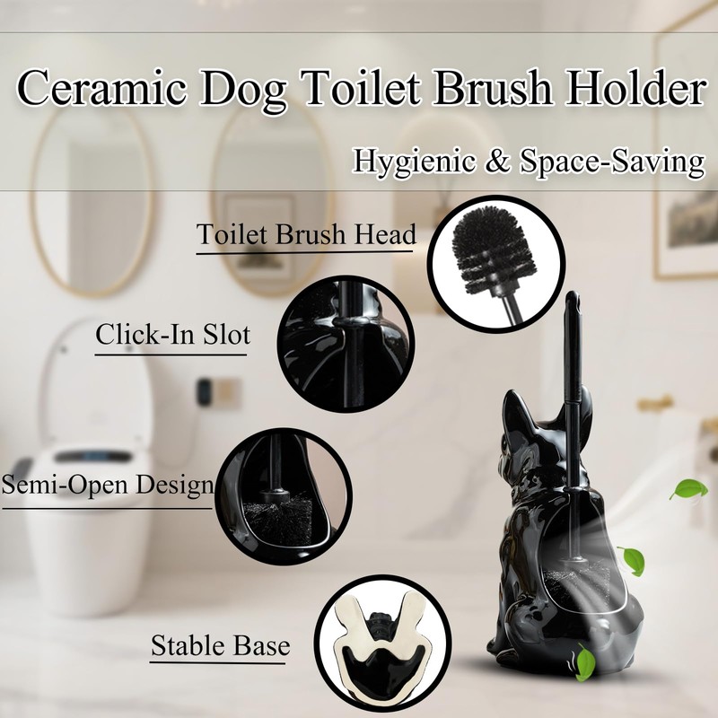 2025 Ceramic Dog Toilet Brush Holder Set, French Bulldog Design