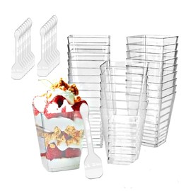 50Pack 5oz Square Plastic Dessert Cups with Spoons, Reusable Clear Parfait Appetizer Cups, Mini Party Trifle Shooter Serving Shot Glasses for Tasting