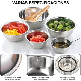 Juego de Tazones para Mezclar de 5 Piezas, Bowls de Acero Inoxidable, Cuencos para Mezclar con Escala de Capacidad para Mezclar, Hornear, Diseño Anidado, Tamaño de 14, 16, 20, 22, 24 cm