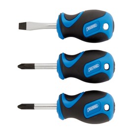 Draper 3 Piece Stubby Soft Grip Screwdriver Set - 32604 - Blue and Black - Crosshead & Flathead Screwdrivers For Home DIY and Professional Use
